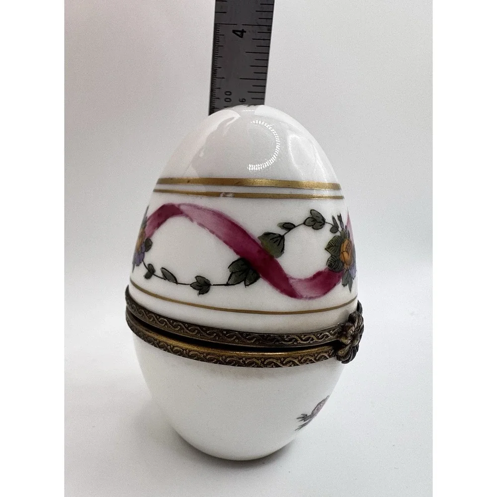 Meissen Style Egg Trinket Box Floral Porcelain Hinged Brass Mount 3